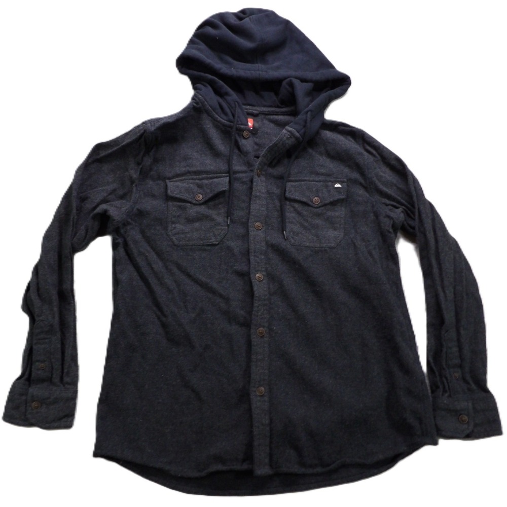 Quiksilver Hooded Flannel Shirt Button Up Cotton Men M Gray Blue Long Sleeves LS